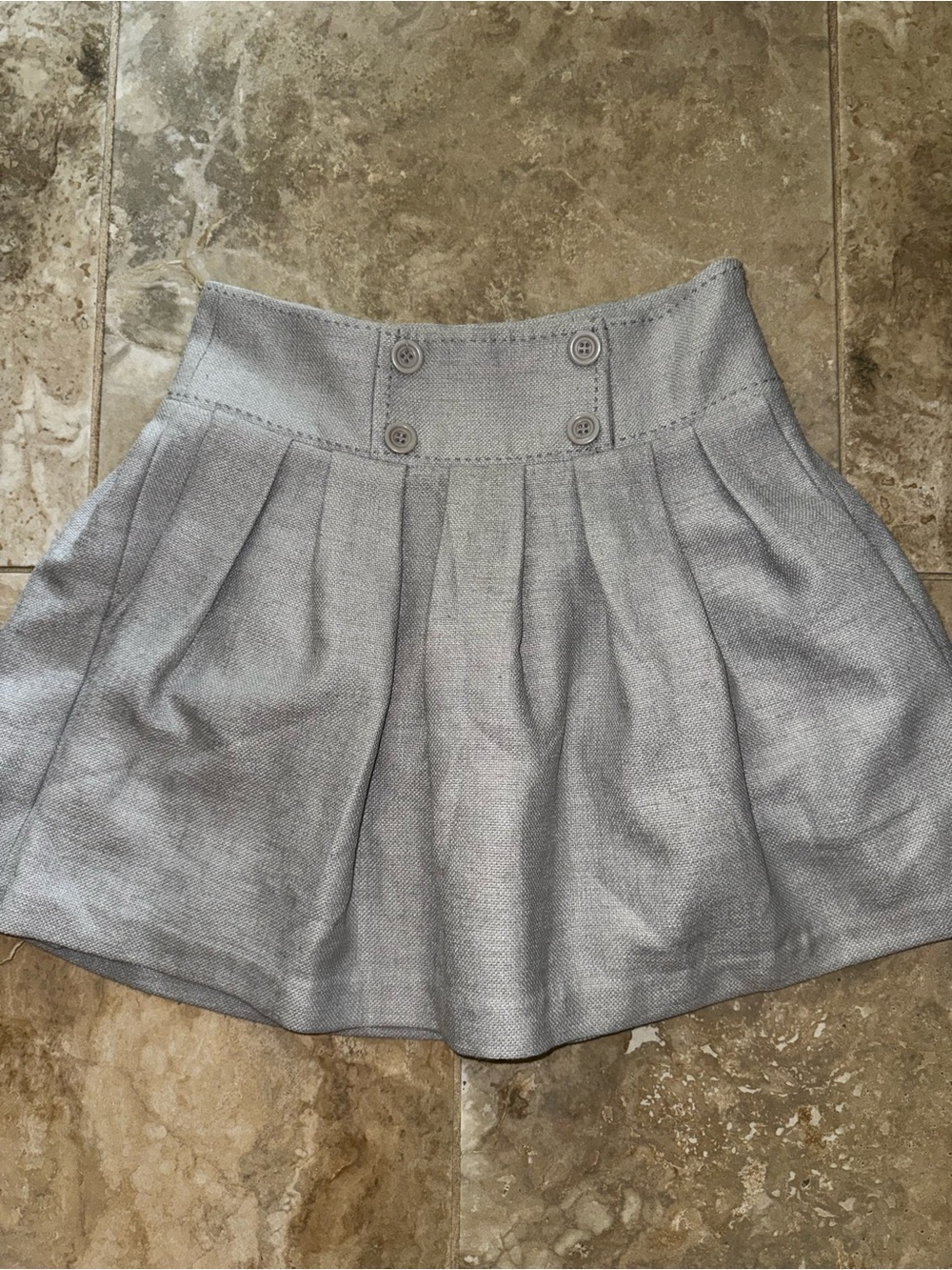 BCBGMaxAzria Light Gray Pleated Skater Skirt with Double-Button Waist